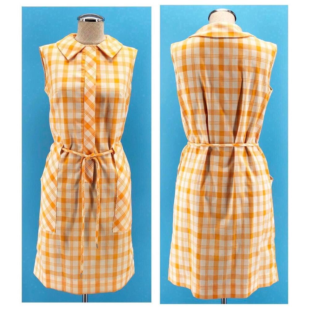 70s sleeveless orange & white collared dress 1970s vintage